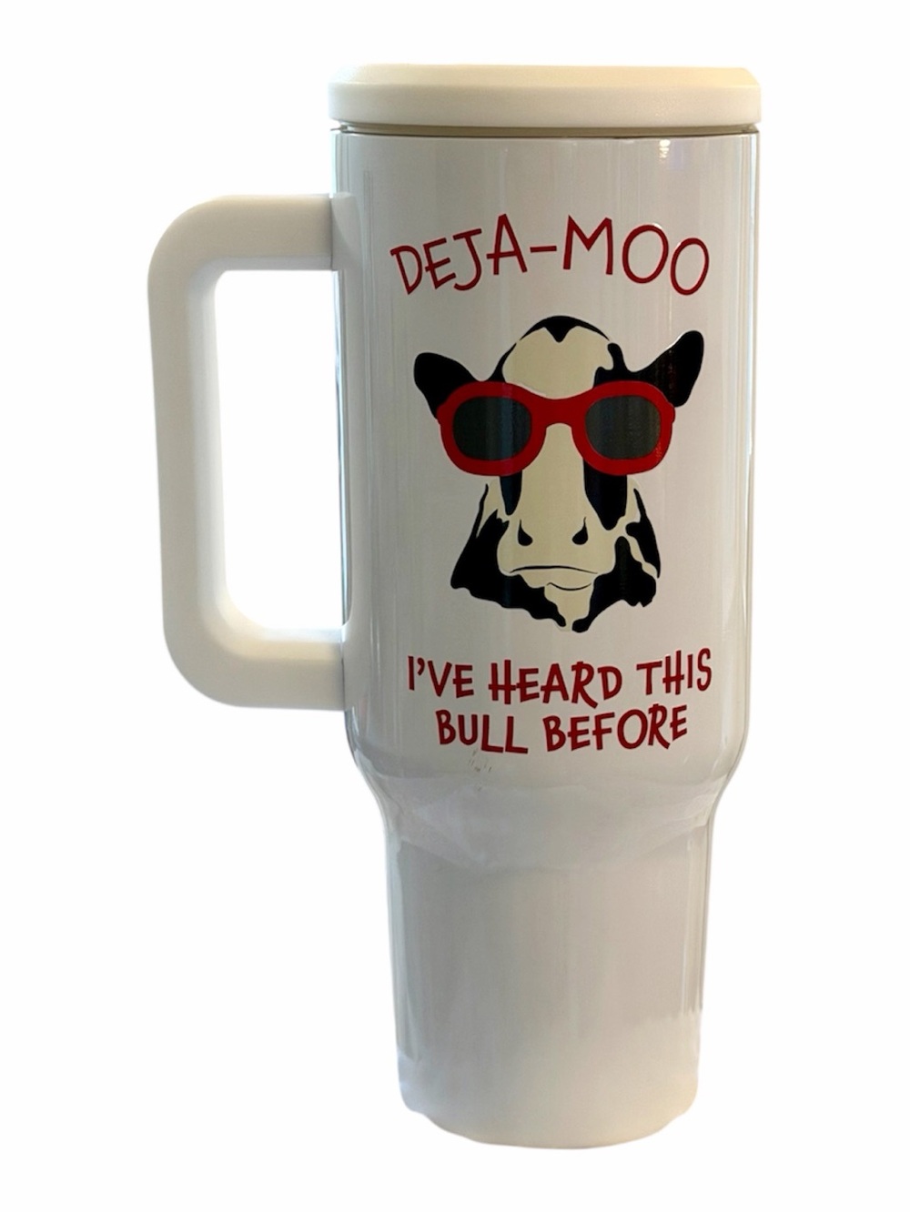 Cracker Barrel White Travel Mug with Cow Graphic and Red Accents